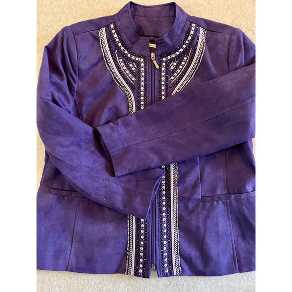 TanJay Blazer Women's Large 14P Purple Embroidered Beaded Accent Full Zip Jacket - Picture 4 of 13